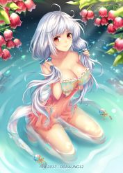 Rule 34 | 1girl, ahoge, artist name, blush, borrowed character, breasts, brown eyes, cleavage, commentary, commission, covered erect nipples, dated, floral print, flower, high heels, highres, holding, holding hair, kneeling, lake, large breasts, ling (doraling12), lips, long hair, looking at viewer, navel, original, partially submerged, pink flower, ripples, see-through, smile, solo, very long hair, water, white hair