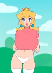 Rule 34 | 1girl, animated, animated gif, blonde hair, blue eyes, blush, bouncing breasts, breast drop, breasts, clothes lift, large breasts, legs, lifted by self, lipstick, long hair, looking at viewer, makeup, mario (series), navel, nintendo, nipples, panties, pink lips, princess, princess peach, riz, shirt lift, smile, solo, super mario bros. 1, thick thighs, thighs, underwear, white panties
