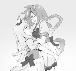 Rule 34 | 2girls, animal ears, blush, bow, bowtie, braid, braided ponytail, carrying, carrying person, clothing cutout, ear bow, eye contact, glasses, greyscale, hand on another&#039;s shoulder, horse ears, horse girl, horse tail, ikuno dictus (umamusume), long hair, looking at another, low ponytail, mejiro mcqueen (umamusume), monochrome, multiple girls, open mouth, puffy short sleeves, puffy sleeves, round eyewear, sailor collar, school uniform, short sleeves, sideways mouth, sinnra art, skirt, tail, tail through clothes, tracen school uniform, umamusume, yuri