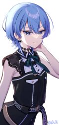 Rule 34 | 1girl, armpit crease, belt, black dress, blue eyes, blue hair, closed mouth, dress, earrings, hair between eyes, half-closed eyes, highres, hololive, hoshimachi suisei, hoshimachi suisei (streetwear), jewelry, looking at viewer, simple background, smile, solo, virtual youtuber, white background, you06