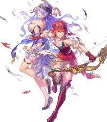Rule 34 | 2girls, anbe yoshirou, bare shoulders, boots, bow (weapon), braid, breasts, camilla (fire emblem), cleavage, clenched teeth, collarbone, downblouse, dress, female focus, fire emblem, fire emblem fates, fire emblem heroes, frills, full body, gloves, hair over one eye, headband, highres, hinoka (fire emblem), holding, holding bow (weapon), holding weapon, large breasts, long hair, matching hair/eyes, multiple girls, nintendo, official art, open mouth, parted lips, puffy short sleeves, puffy sleeves, purple hair, red eyes, red hair, short hair, short sleeves, skirt, sword, teeth, thigh boots, thigh strap, thighhighs, torn clothes, torn dress, torn skirt, transparent background, weapon