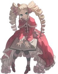 Rule 34 | 1girl, :&lt;, absurdres, beatrice (re:zero), blonde hair, blue eyes, book, book on lap, bow, capelet, commentary, crown, dress, drill hair, frilled dress, frills, full body, fur-trimmed capelet, fur trim, hair bow, highres, long hair, long sleeves, looking at viewer, mini crown, neck ribbon, open book, pantyhose, parted bangs, pink bow, pink ribbon, pom pom (clothes), re:zero kara hajimeru isekai seikatsu, red capelet, red dress, red footwear, ribbon, shoes, sidelocks, simple background, solo, tachibana wataru (123tsuki), tilted headwear, twin drills, twintails, white background