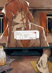 Rule 34 | 1girl, 1other, bow, breasts, brown hair, brown jacket, crying, crying with eyes open, curtains, desk, doki doki literature club, green eyes, hair bow, hand grab, head rest, highres, holding mouse (computer), jacket, long hair, long sleeves, looking at viewer, medium breasts, monika (doki doki literature club), monitor, mouse (computer), open mouth, pen, ponytail, postal mark (tsu qq), ribbon, shirt, sitting, smile, solo focus, spoilers, tears, through medium, through screen, upper body, white bow, white shirt, window, window (computing)