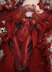 Rule 34 | 1girl, blue eyes, bodysuit, brown hair, cameltoe, curvy, flower, foreshortening, gold can, hair between eyes, hand on own chest, highres, interface headset, long hair, looking at viewer, lying, neon genesis evangelion, on back, plugsuit, red bodysuit, ribs, shiny clothes, skeleton, solo, souryuu asuka langley, spread fingers, thigh gap, twintails, wide hips