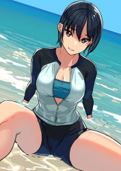 Rule 34 | 1girl, absurdres, arm support, beach, black hair, blue bra, bodysuit, bra, breasts, brown eyes, cleavage, commentary request, diving suit, dutch angle, grin, highres, horizon, in water, kagematsuri, large breasts, long sleeves, looking at viewer, mole, mole under eye, ocean, original, short hair, sitting, smile, solo, spread legs, underwear, wetsuit
