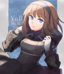 Rule 34 | 1girl, blue eyes, bright pupils, brown hair, closed mouth, dress, gloves, hairband, looking at viewer, nier (series), nier:automata, upper body, white gloves, yorha, yorha type s no.21