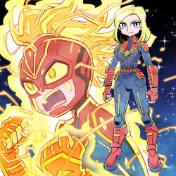 Rule 34 | 1girl, aura, avengers (series), belt, blonde hair, blue eyes, bodysuit, boots, bracer, bright pupils, captain marvel, clenched hand, colored sclera, crackling energy, fingerless gloves, full body, gloves, glowing, glowing eyes, helmet, insignia, knee guards, looking at viewer, marvel, marvel cinematic universe, mohawk, multiple views, night, night sky, parted bangs, red footwear, signature, sky, smile, star (sky), sunafuki tabito, superhero costume, teeth, upper teeth only, yellow eyes, yellow sclera