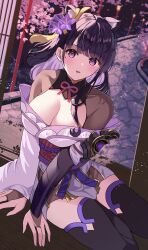 Rule 34 | 1girl, absurdres, animal ears, architecture, blush, breasts, bridal gauntlets, cat ears, cherry blossoms, cleavage, commentary request, east asian architecture, flower, genshin impact, hair ornament, highres, japanese clothes, kimono, large breasts, long hair, long sleeves, looking at viewer, mole, mole under eye, obi, obiage, obijime, purple eyes, purple flower, purple hair, purple kimono, purple nails, raiden shogun, rererere mon, sash, sitting, solo, tongue, tongue out, yokozuwari