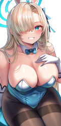 Rule 34 | 1girl, asuna (blue archive), asuna (bunny) (blue archive), bare shoulders, black pantyhose, blonde hair, blue archive, blue bow, blue bowtie, blue eyes, blue leotard, blush, bow, bowtie, breasts, cleavage, collarbone, commentary, covered navel, detached collar, elbow gloves, gloves, hair ornament, hair over one eye, halo, hand on own chest, highres, large breasts, leotard, long hair, looking at viewer, nano (syoutamho), one eye covered, pantyhose, parted lips, playboy bunny, simple background, smile, solo, teeth, thighband pantyhose, thighs, white background, white gloves