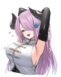 Rule 34 | 1girl, arms up, black gloves, black horns, blue eyes, blush, braid, breasts, bursting breasts, cropped torso, elbow gloves, fangs, gloves, granblue fantasy, hair ornament, hair over one eye, heart, highres, horn/wood, horns, huge breasts, long hair, looking at viewer, narmaya (granblue fantasy), open mouth, pink hair, shirt, sideboob, simple background, smile, solo, teeth, upper teeth only, white background, white shirt