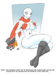Rule 34 | 1girl, blue eyes, boots, breasts, carrot, coal, english text, female focus, frosty the snowman, frosty the snowman (character), genderswap, hat, highres, large breasts, nipples, scarf, smile, snow, solo, top hat, what
