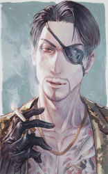 Rule 34 | 1boy, absurdres, between fingers, black gloves, black hair, cigarette, eyepatch, facial hair, gloves, goatee, gold necklace, highres, holding, huge filesize, irezumi, jacket, jewelry, jiao mao, leather, leather gloves, looking at viewer, majima goro, male focus, necklace, one-eyed, ryuu ga gotoku (series), short hair, snake tattoo, tattoo, upper body