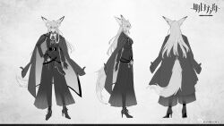 1girl animal_ears arknights artist_name bell bell-bottoms boots character_sheet chinese_commentary coat coat_on_shoulders commentary_request company_name copyright_name copyright_notice fox_ears fox_girl fox_tail full_body gloves greyscale hand_on_own_hip high_heel_boots high_heels highres kaifei_(kaifei_29) legs_apart long_hair long_sleeves looking_at_viewer monochrome multiple_views necktie official_art pants production_art profile scar scar_on_face smile standing straight_hair tail turnaround vest vulpisfoglia_(arknights) waistcoat watermark weibo_logo weibo_watermark