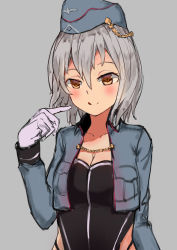Rule 34 | 1girl, absurdres, blue jacket, blush, breasts, brown eyes, chain, cleavage, collarbone, collared jacket, cropped jacket, garrison cap, girls&#039; frontline, gloves, grey background, grey hair, hat, highleg, highleg leotard, highleg panties, highres, jacket, leotard, licking lips, looking at viewer, medium hair, open clothes, open jacket, p08 (girls&#039; frontline), panties, pointing, pointing at self, rosehip t72, simple background, small breasts, solo, tongue, tongue out, underwear, upper body, white gloves