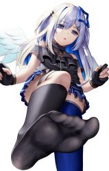 Rule 34 | 1girl, absurdres, amane kanata, angel, angel wings, dress, feet, from below, halo, highres, hololive, leg up, looking at viewer, roina (effj7473), soles, solo, virtual youtuber, wings