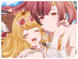 Rule 34 | 2girls, animal ears, arms around neck, blonde hair, blush, border, closed mouth, commentary request, dated, erune, eyewear on head, facing viewer, granblue fantasy, heart, highres, jewelry, long hair, looking at viewer, mari (granblue fantasy), meg (granblue fantasy), multicolored hair, multiple girls, nail polish, necklace, open mouth, pink nails, pochi-a, red eyes, red hair, selfie, smile, split, streaked hair, sunglasses, teeth, upper body, upper teeth only, white border, yuri