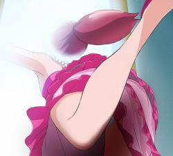 Rule 34 | 10s, 1girl, aino megumi, bare shoulders, blue panties, dress, from behind, happinesscharge precure!, haruyama kazunori, jewelry, leg up, necklace, panties, ponytail, precure, red hair, short hair, solo, underwear