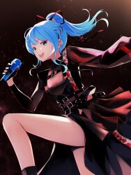 Rule 34 | 1girl, :d, alternate eye color, barbell piercing, bare legs, belt, black belt, black gloves, black shirt, black shorts, blue hair, ear piercing, flat chest, floating hair, floral print, gloves, grey eyes, hair ribbon, half gloves, high ponytail, highres, holding, holding microphone, hololive, hoshimachi suisei, hoshimachi suisei (shout in crisis), industrial piercing, knee up, long hair, looking at viewer, microphone, official alternate costume, open mouth, piercing, ribbon, rose print, shirt, short shorts, shorts, smile, solo, thighs, uni (maru231), virtual youtuber
