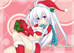 Rule 34 | 1girl, aqua eyes, between breasts, blush, breasts, chocolate, christmas, elbow gloves, gloves, holding own arm, meimu (infinity), solo, twintails, white hair