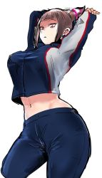 Rule 34 | 1girl, alternate costume, arms up, black hair, blunt bangs, breasts, capcom, eye (mememem), han juri, highres, jacket, large breasts, looking at viewer, navel, pants, purple eyes, short twintails, solo, standing, stomach, street fighter, street fighter v, stretching, taut clothes, toned, track jacket, track pants, track suit, twintails