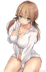 Rule 34 | alternate costume, aqua eyes, black ribbon, blonde hair, breasts, character name, cleavage, collarbone, collared shirt, dated, hair ribbon, highres, kantai collection, large breasts, long hair, looking at viewer, naked shirt, no panties, prinz eugen (kancolle), ribbon, shirt, simple background, thighs, timato, twintails, twitter username, white background, white shirt