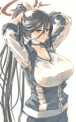 Rule 34 | 1girl, adjusting hair, arms up, black hair, blue archive, breasts, choker, cleavage, hair between eyes, halo, hasumi (blue archive), hasumi (track) (blue archive), jacket, large breasts, long hair, looking at viewer, parted lips, partially unzipped, ponytail, shirt, simple background, solo, suzumaru, very long hair, white background, white shirt