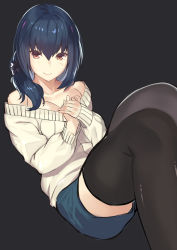 Rule 34 | 1girl, black legwear, blue eyes, blue shorts, breasts, cleavage, denim, denim shorts, hair between eyes, hands on own chest, highres, kagematsuri, lips, long hair, looking at viewer, lying, medium breasts, off-shoulder, off-shoulder sweater, off shoulder, on back, original, shorts, sleeves past wrists, smile, solo, sweater, thighs, white sweater