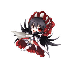 Rule 34 | 1girl, black hair, black thighhighs, blush, boots, cape, chain, chibi, covered navel, fang, fur-trimmed cape, fur trim, gloves, hair between eyes, highres, illya (small) (princess connect!), illya (princess connect!), knee boots, kuena, leotard, long hair, looking at viewer, open mouth, outstretched arm, over-kneehighs, princess connect!, red eyes, simple background, solo, thighhighs, very long hair, wavy mouth, white background, white cape, white footwear, white gloves, white leotard, wide shot