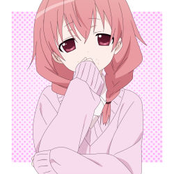 Rule 34 | 1girl, akihitohappy, braid, collared shirt, commentary, derivative work, hair ornament, hair scrunchie, head tilt, highres, inu x boku ss, long hair, long sleeves, pink eyes, pink hair, pink sweater, roromiya karuta, scrunchie, shirt, simple background, solo, sweater, twintails, upper body, white shirt