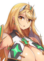 Rule 34 | 1girl, :d, angoha, bare shoulders, blonde hair, breasts, cleavage, cleavage cutout, clothing cutout, commentary, core crystal (xenoblade), dress, earrings, elbow gloves, english commentary, gloves, highres, jewelry, large breasts, long hair, looking at viewer, mythra (xenoblade), open mouth, simple background, smile, solo, swept bangs, upper body, very long hair, white background, white dress, white gloves, xenoblade chronicles (series), xenoblade chronicles 2, yellow eyes