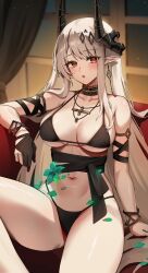 Rule 34 | 1girl, absurdres, adapted costume, arknights, armlet, artist name, bare shoulders, bikini, black bikini, black gloves, blush, bracelet, breasts, cleavage, collarbone, commentary, couch, earrings, flower, foxyreine, gloves, green flower, grey hair, highres, horns, indoors, infection monitor (arknights), jewelry, large breasts, long hair, looking at viewer, mudrock (arknights), mudrock (obsidian) (arknights), navel, necklace, official alternate costume, on couch, open mouth, partially fingerless gloves, petals, pointy ears, single glove, sitting, solo, speech bubble, swimsuit, textless version, thighs, underboob, very long hair