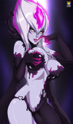 Rule 34 | 1girl, areola slip, grabbing another&#039;s breast, breasts, covered erect nipples, evelynn (league of legends), grabbing, heart, highres, kyoffie, large breasts, league of legends, solo