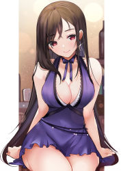Rule 34 | 1girl, bare shoulders, blue dress, blush, breasts, brown hair, crescent, crescent earrings, dress, earrings, final fantasy, final fantasy vii, final fantasy vii remake, jewelry, large breasts, long hair, red eyes, ry thae, sleeveless, sleeveless dress, solo, tifa lockhart, tifa lockhart (refined dress), wall market