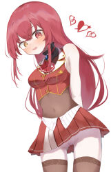 Rule 34 | 1girl, arrow through heart, ascot, belt, black choker, black thighhighs, breasts, brown belt, choker, cropped jacket, frilled choker, frills, heterochromia, highres, hololive, houshou marine, houshou marine (1st costume), jacket, large breasts, leather belt, leotard, leotard under clothes, long hair, looking at viewer, miniskirt, open mouth, pleated skirt, pussy, red ascot, red eyes, red jacket, red skirt, shino2121, skirt, sleeveless, sleeveless jacket, solo, thighhighs, virtual youtuber, white background, yellow eyes