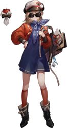 Rule 34 | 1girl, apple (reverse:1999), backpack, bag, black footwear, blue dress, blue scarf, boots, brown hair, cabbie hat, closed mouth, dress, full body, hand up, hat, highres, holding, holding bag, jacket, looking at viewer, medium hair, official art, open bag, puffy short sleeves, puffy sleeves, red jacket, red socks, regulus (reverse:1999), reverse:1999, scarf, short sleeves, socks, solo, standing, sunglasses, tachi-e, third-party source, transparent background