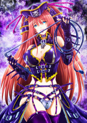 Rule 34 | 1girl, bdsm, belt, blue eyes, breasts, choker, cleavage, cleavage cutout, clothing cutout, dominatrix, earrings, fingerless gloves, garter straps, gloves, hat, hijikawa arashi, jewelry, large breasts, long hair, navel, original, panties, purple thighhighs, red hair, skull, solo, thighhighs, tongue, tongue out, underwear, weapon, whip, zipper
