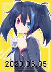 Rule 34 | 1girl, ahoge, back, bare shoulders, black hair, blue eyes, blue hair, blue jacket, blue necktie, collared shirt, commentary request, cropped torso, dated, detached sleeves, eyes visible through hair, framed, gloves, grin, hair between eyes, head tilt, heterochromia, jacket, light blush, looking at viewer, multicolored hair, necktie, polka dot, polka dot background, red eyes, shiny skin, shirt, simple background, sleeveless, sleeveless jacket, sleeveless shirt, smile, solo, teeth, twintails, two-tone hair, upper body, utau, v, white gloves, white shirt, yellow background, yokune ruko, yutsuki utau