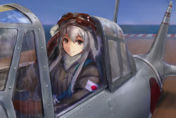 Rule 34 | 1girl, aircraft, aircraft request, alternate costume, aviator cap, brown eyes, brown gloves, day, fur, gloves, goggles, goggles on headwear, hair between eyes, haruto (harut n), hat, highres, jacket, kantai collection, long hair, long sleeves, ocean, outdoors, salute, shoukaku (kancolle), sidelocks, sky, smile, solo, white hair