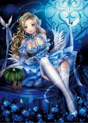 Rule 34 | 1girl, bird, blonde hair, blue eyes, blue flower, blue rose, breasts, cinderella, cleavage, dove, dress, earrings, flower, garter straps, glass slipper, jewelry, large breasts, lens flare, long hair, matsurika youko, md5 mismatch, mouse (animal), original, parted lips, pumpkin, resolution mismatch, rose, solo, source smaller, sparkle, thighhighs, white thighhighs