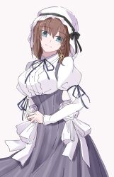 Rule 34 | 1girl, braid, breasts, brown hair, center frills, charlotte corday (fate), dress, fate/grand order, fate (series), frills, green eyes, grey skirt, high-waist skirt, highres, juliet sleeves, large breasts, long sleeves, looking at viewer, puffy sleeves, short hair, side braid, skirt, smile, solo, veil, white dress, yamamon 0