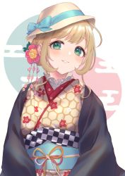 Rule 34 | 1girl, anoa, blue bow, blush, bow, brown hair, brown hat, commentary request, green eyes, hair ornament, hat, hat bow, highres, idolmaster, idolmaster cinderella girls, japanese clothes, kimono, looking at viewer, obi, open clothes, parted lips, sash, sato shin, short hair, solo, upper body, white hat