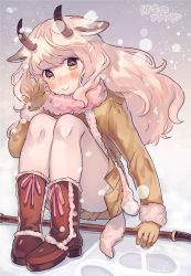 Rule 34 | 10s, 1girl, animal ears, artist name, blunt bangs, blush, boots, brown eyes, brown footwear, brown gloves, brown jacket, brown skirt, closed mouth, copyright name, dot nose, footprints, footwear ribbon, full body, fur-trimmed sleeves, fur collar, fur trim, gloves, hanako151, hand up, holding, holding weapon, horizontal pupils, horns, jacket, kemono friends, knees up, legs together, long hair, looking at viewer, nose blush, open hand, outdoors, pantyhose, pink ribbon, pleated skirt, purple sky, ribbon, sheep ears, sheep horns, signature, sitting, skirt, sky, smile, snow, snow sheep (kemono friends), snowing, solo, tareme, waving, wavy hair, weapon, white hair, white pantyhose