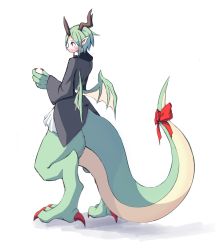 Rule 34 | 1girl, 4138, bow, dragon girl, dragon tail, dragon wings, female focus, full body, green hair, highres, horns, monster girl, original, pointy ears, simple background, solo, tail, tail bow, tail ornament, white background, wings