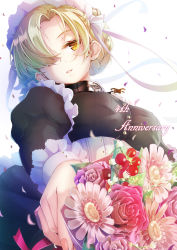 Rule 34 | 1girl, apron, azur lane, black choker, black dress, blonde hair, bouquet, braid, breasts, buttons, chain, choker, crown braid, dress, flower, frilled apron, frills, from below, highres, imo bouya, large breasts, long hair, looking at viewer, looking down, nail polish, pink flower, pink nails, red flower, red rose, rose, sheffield (azur lane), simple background, solo, white apron, white background, yellow eyes