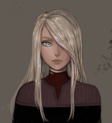 Rule 34 | 1girl, alternate costume, blonde hair, blue eyes, closed mouth, grey background, hair over one eye, highres, long hair, looking at viewer, matilda fiship, nier (series), nier:automata, one eye covered, pink lips, simple background, solo, star trek, star trek: voyager, upper body, a2 (nier:automata)