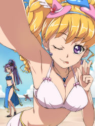 Rule 34 | 3girls, ;p, armpits, asahina mirai, beach, bikini, blonde hair, blue bikini, breasts, chiharu (9654784), cure felice, cure magical, cure magical (sapphire style), cure miracle, cure miracle (sapphire style), day, earrings, eyebrows, ha-chan (mahou girls precure!), hanami kotoha, hat, heart, highres, izayoi liko, jewelry, large breasts, long hair, looking at viewer, mahou girls precure!, medium breasts, mini hat, mini witch hat, multiple girls, ocean, one eye closed, pink hair, precure, purple eyes, purple hair, reaching, reaching towards viewer, selfie, side ponytail, star (symbol), swimsuit, tongue, tongue out, v, witch hat