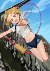 Rule 34 | 1girl, :d, blonde hair, blue shorts, blue sky, blurry, blurry background, blush, breasts, bridge, brown eyes, brown footwear, bungee cord, bungee jumping, cliff, cloud, commentary, crop top, day, denim, denim shorts, depth of field, falling, feet up, floating hair, from below, hair strand, harness, highres, index finger raised, jumping, light blush, looking at viewer, midriff, mountain, navel, open mouth, original, outdoors, outstretched arms, pointing, pointing at viewer, sekoshi (some1else45), shirt, shoes, short hair, short shorts, short sleeves, shorts, sky, small breasts, smile, solo, some1else45, sparkle, thighs, torn clothes, torn shorts, white shirt