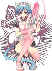 Rule 34 | 1girl, animal ears, blue hair, breasts, cat ears, cat girl, cat tail, cleavage, cleavage cutout, clothing cutout, female focus, kneeling, nurse, original, pink thighhighs, red eyes, short hair, silk, solo, spider web, syringe, ta kaana, tail, thighhighs