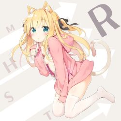 Rule 34 | 1girl, animal ear fluff, animal ears, black bow, blonde hair, blush, bow, breasts, cat ears, cat girl, cat tail, closed mouth, commentary request, full body, green eyes, hair bow, highres, holding, holding pencil, hood, hood down, hooded jacket, jacket, kani biimu, kemonomimi mode, long hair, long sleeves, looking at viewer, no shoes, open clothes, open jacket, original, pencil, pink jacket, shimotsuki potofu, sleeves past wrists, small breasts, solo, tail, tail raised, thighhighs, two side up, very long hair, white thighhighs