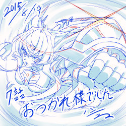 Rule 34 | 1girl, breasts, cleavage, cleavage cutout, clenched hand, clothing cutout, commentary request, dated, h-new, headgear, large breasts, long hair, looking at viewer, maria cadenzavna eve, monochrome, open mouth, punching, reverse grip, senki zesshou symphogear, solo, sword, translation request, very long hair, weapon